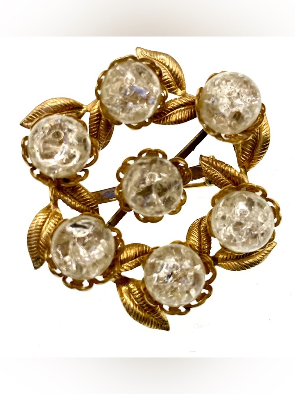 Vintage Gold Tone Wreath Brooch Crackle Glass Berry Floral Pin Mid Century
